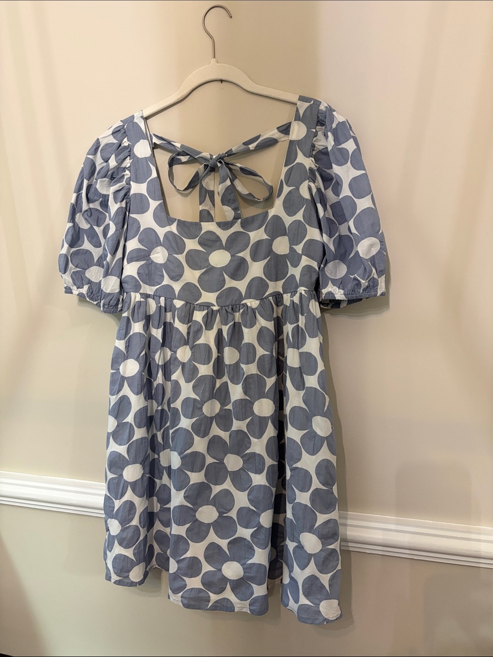Altar'd State Blue and White Floral Puff-Sleeve Dress with Back Tie